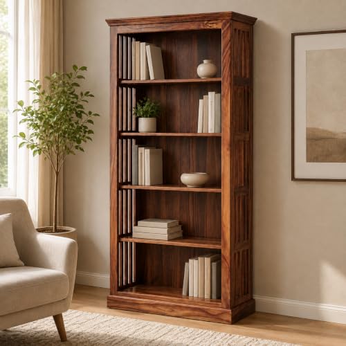 Image of Solid Sheesham Wood Bookshelf with Wooden Fanti Design and 5 Shelf Open | Wooden Bookcase Storage Rack for Living Room, Study Room & Office -Honey Finish