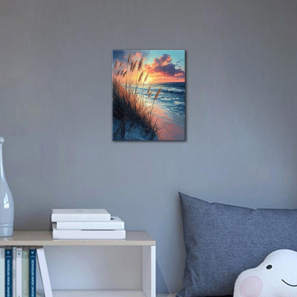 TISHIRON Beach Paint by Numbers for Adults Beginners, Golden Sunset on the Beach with Ornamental Grasses, Adult Colour Chart Set, Warm Light Nature Picture for Hallway Decoration, 16 x 20 Inches