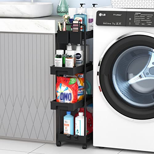 Spacekeeper 4-Tier Rolling Storage Cart, Slide Out Bathroom Organizer Mobile Shelving Unit Laundry Room Storage With Brake Wheels, Hanging Cups, Dividers For Kitchen Bathroom Narrow Spaces, Black #TOP5