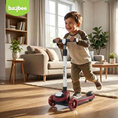 Image of Baybee Rovix Kick Scooter for Kids | Foldable Skate Scooter with 3 Height Adjustment Handle & LED Light Wheels | 3 Wheel Baby Scooter with Rear Brake | Kids Scooter for 2 to 10 Years Boy (RED /Black)