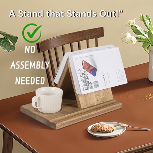 Besuerte Wooden Book Rest Stand, Triangle Book Holder with Coffee Cup Tray, Gifts for Book Lovers No Assembly Needed, Book Nook Reading Valet, Book Minder for Bedroom, Reading Nook, Light Brown