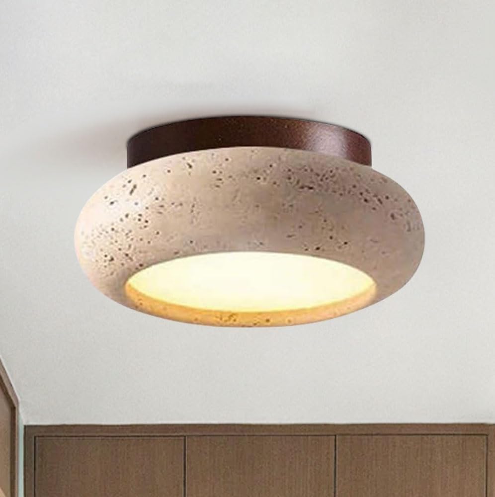 Moderne Wabi-Sabi Deckenlampe,Deckenleuchte Aus Gelbem Travertin Mit Rundem Lampenschirm Aus Stein,Deckenbeleuchtung Im Mid-Century-Stil Für Schlafzimmer, Wohnzimmer, Kücheninsel Und Flur(15cm)