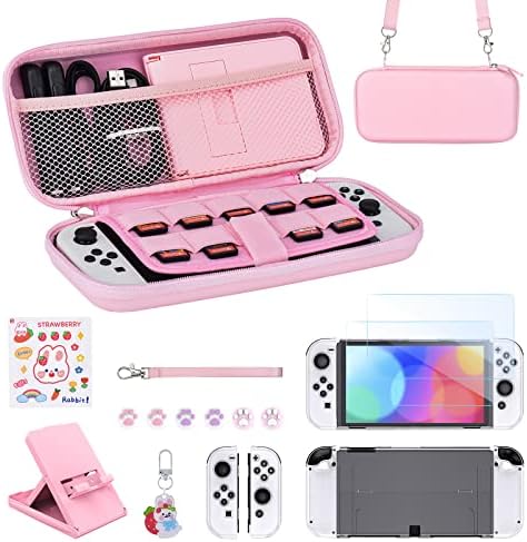 Younik Switch OLED Accessories Bundle, 15 in 1 Pink Switch OLED Accessories Kit Include Switch Carrying Case with 9 Game Card Slots, Adjustable Stand, Protective Case for Switch Console & J-Con
