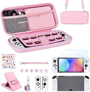 Younik Switch OLED Accessories Bundle, 15 in 1 Pink Switch OLED Accessories Kit Include Switch Carrying Case with 9 Game Card Slots, Adjustable Stand, Protective Case for Switch Console & J-Con