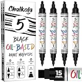 Chalkola 5 Oil Black Paint Pen (4 Dual Tip, 15mm Jumbo) - Oil Based Paint Markers for Metal, Fabric, Glass, Rocks, Automotive Tire, Furniture Touch Up Wood & Plastic Surfaces - Waterproof & Permanent