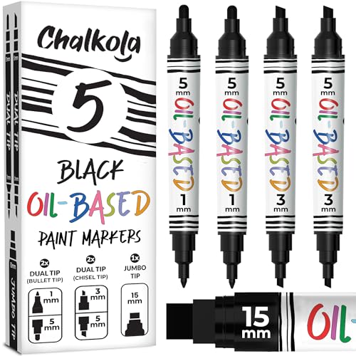 Chalkola 5 bolígrafos de pintura negra al óleo (4 puntas dobles, 15 mm jumbo) – Marcadores de pintura a base de aceite para metal, tela, vidrio, rocas, neumáticos de automóviles, muebles, superficies