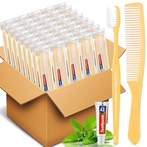 NICEMOVIC 100 Pack Disposable Travel Toothbrushes Bulk with Toothpaste and Comb Travel Size Toothpaste Set Homeless Care Package Supplies for Bulk Individually Wrapped Disposable Hotel Charity Yellow