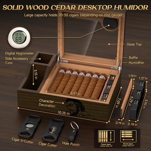 KEJIAR Cigar Humidor with 2 Side Cigar Accessories Boxes,Glass Top Cedar Small Cigar Humidor with Cigar Cutter,V-Cutter, Humidifier and Digital Hygrometer, Cigar Gifts for Men