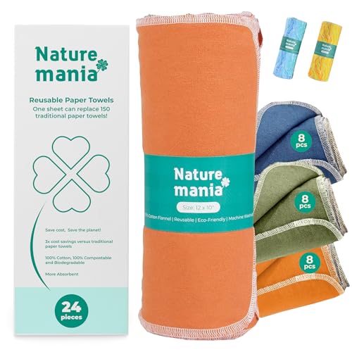 Naturemania Value Pack of 24 Reusable Paper Towels - Paperless Paper Towels Made with Super-Soft, Pure Absorbent 100% Cotton, Washable Paper Towel Set for Kitchen, Eco Friendly Cloth Paper Towels