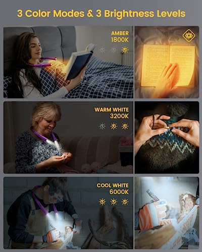 Glocusent Upgraded Led Neck Reading Light, Book Light For Reading In Bed, 30-Min Timer, 3 Colors & 3 Brightness Adjustable, Rechargeable & Long Lasting, Perfect For Reading, Knitting & Repairing #TOP2
