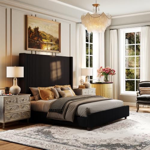 Ihanherry King Size 65" Tall Headboard Bed Frame with Charging Station, Upholstered Wingback Headboard with Washable Corduroy Cover, Noise Free, Solid Wood Slats & Legs, No Box Spring Needed, Black - image 9