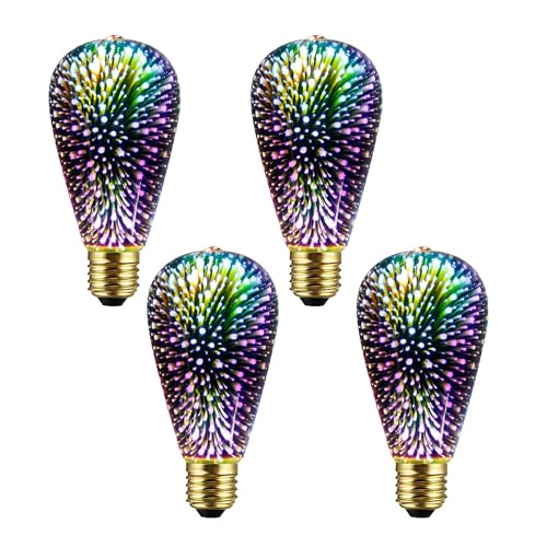 4 Pack Infinity 3D Fireworks Effect ST19 LED Light - 3W 120V Fairy Multicolor Disco Party Bulb, Stain Glass Colorful Firework Light