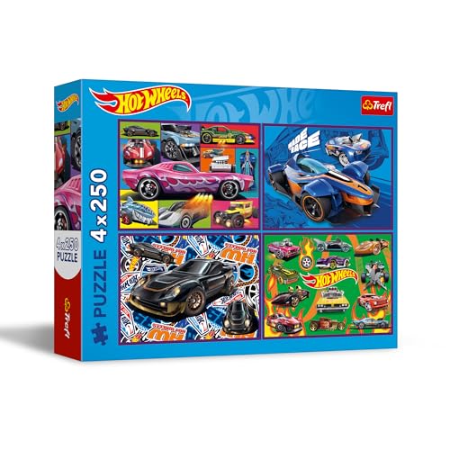 Trefl Puzzle 4in1: Hot Wheels Rennautos - 4 x 250 Teile - Set mit Vier Puzzles für Teenager