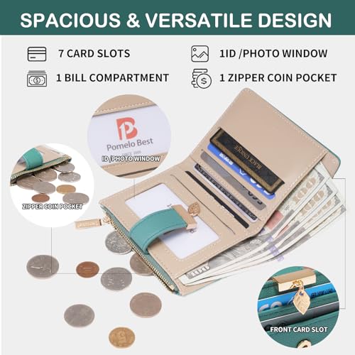 Image of Pomelo Best Wallet Women Bifold Leather Wallets for Women Credit Card Holder with ID Window Zipper Coin Pocket Teal Blue
