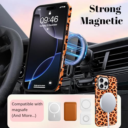 Image of Magnetic for iPhone 16 Pro Case for Women Men, Orange Leopard | Cute Cheetah Pattern Design [Compatible with MagSafe] 2-Layer Hybrid Shockproof Glossy Protective Cover