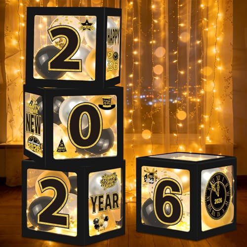 4Pcs Happy New Year Balloon Boxes with Lights Decorations,Black G...