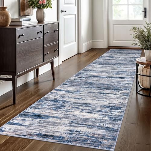 2.6x10 Navy Blue Gray Neutral Multi Modern Abstract Runner Rug for Hallways, Super Soft Hallway Decor Kitchen Rugs with Non-Slip, Non-Shedding Washable Rug for Entryway Bedroom Indoor