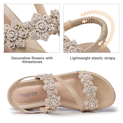 Image of TEMOFON Sandals for Women Flat Dressy Summer Flower Sandals with Ankle Strap Comfortable Casual Walking Flat Sandals Size 5-11