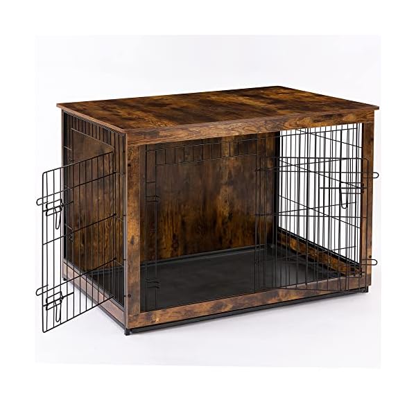 Ylovecl-Wooden-Dog-Crate-Furniture-with-Slide-Tray-Double-Doors-Dog-Crate-End-Table-Furniture-Style-Dog-Kennels-Indoor-Pet-Crate-Table-for-Large-Dog-44-Rustic-Style-Multi-Colored Pet Crate Table for Large Dog