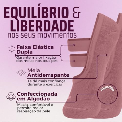 Kit 03 Pares de Meia Sapatilha Antiderrapante Pilates Trifil Com Dupla Faixa Tensora e Sustentação |