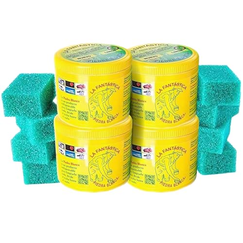 Pack 4x900 g La Fantástica Piedra Blanca Original | Arcilla de Limpieza Multiusos | Fórmula Alemana + 8 Esponjas de Regalo