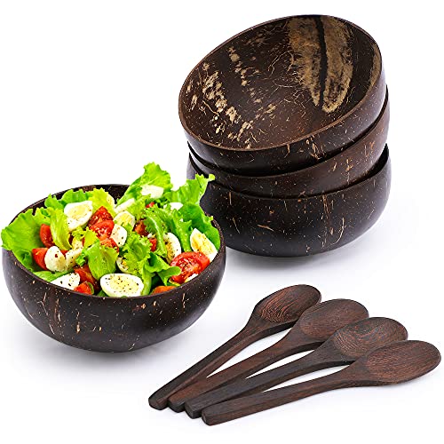 mcdej Coconut Bowls with Spoons Set of 4 - Vietnam 100% Natural Vegan Smoothie Acai or Buddha Bowl for Gift, Serving, Decoration