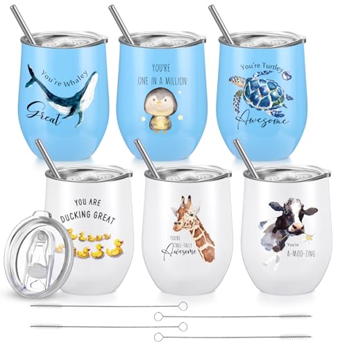 Skylety 6 Pcs Christmas Employee Appreciation Gift Bulk Coworker Motivational Tumbler 12oz Steel Insulated Funny Cow Duck Turtle Animal Sign Thank You for Staff Nurse Teacher White Elephant White Blue