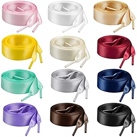 Marrywindix 12 Pairs 47" Flat Satin Ribbon Shoelaces Colorful Silk Shoestrings Wide Shoe Laces Cover
