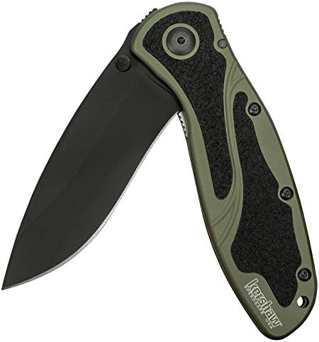 Kershaw Blur, Olive/Black Pocket Knife (1670OLBLK); 3.4” Black Cerakote Coated 14C28N Steel Blade, Olive Anodized Aluminum Handle, Black Trac-Tec Inserts, SpeedSafe Opening
