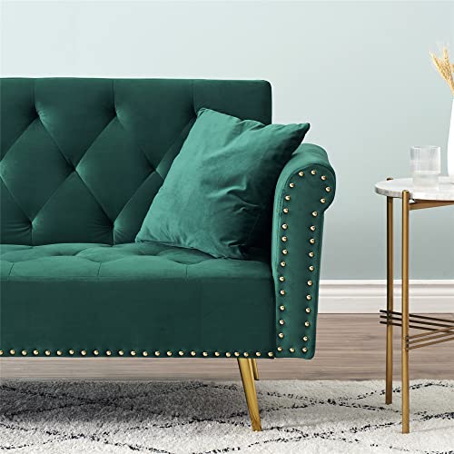Pboghlrd Convertible Velvet Loveseat Sofa, Upholstered Nail Head Futon Sofa Bed With Two Pillows, Modern Sleeper Couch Bed For Living Room, Bedroom, Home Office (Green) #TOP4