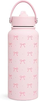 Pink Bow Water Bottle 1L 32oz Insulated Water Bottle Stainless Steel Pink Girls Water Bottle with Straw for Women Girls, Birthday and Back to School Gift