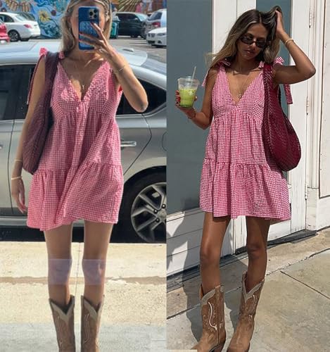 utcoco Women's 2025 Summer A Line Flowy Plaid Mini Dress Y2k Tie Shoulder Babydoll Dress Beach Vacation Outfits2