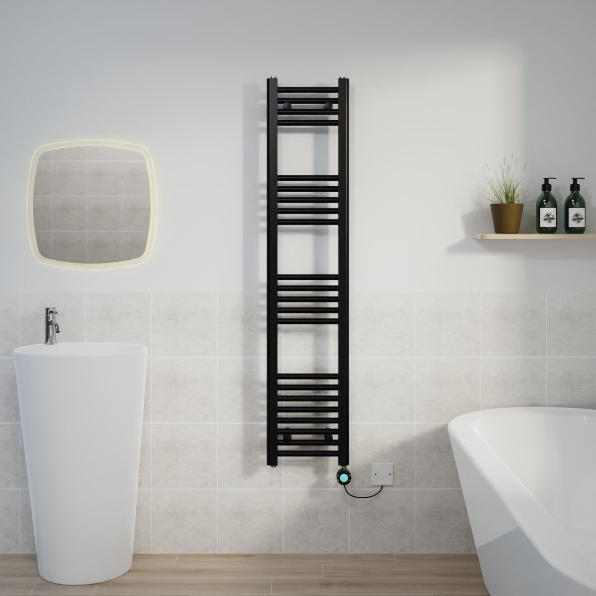 Warmehaus Black Electric Heated Towel Rail Straight Thermostatic Bathroom Towel Radiator with Timer - 1400x300mm 800W