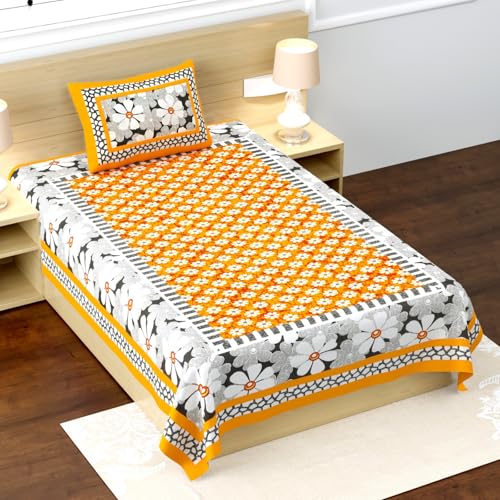 Image of RajasthaniKart Pure 100% Cotton Single Bed Sheet with 1 Pillow Cover (Bedsheet for Single Bed Cotton, Yellow Floral)