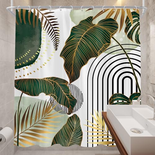 Cinbloo Green Boho 72Wx78H Shower Curtain Abstract Mid Century Modern Tropical Monstera Emerald Gold Palm Leaf Plant Minimalist Neutral Bathroom Curtain Set Simple Bath Bathroom Accessories Decor by Cinbloo - Used condition - Image 4