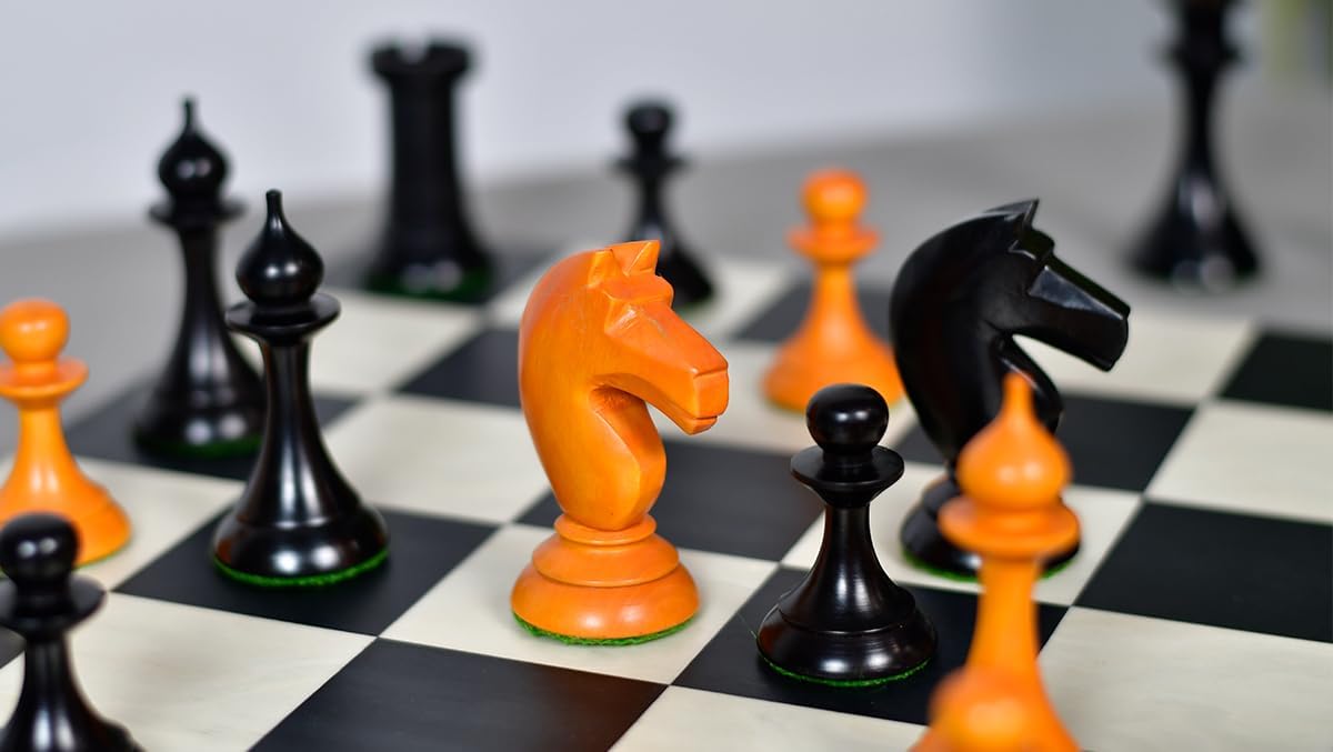 1950s Soviet Latvian Reproduced Staunton Chess Pieces – 4.1" King, Handcrafted in Ebonized & Antiqued Boxwood – Vintage Tournament Wooden Chess Set