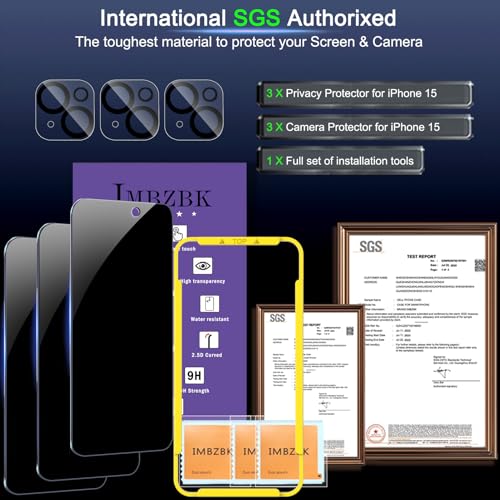 IMBZBK für iPhone 15 für Panzerglas Sichtschutz 3 Stück Schutzfolie Folie Sichtschutz Zubehör mit 3 Stück Kameraschutz