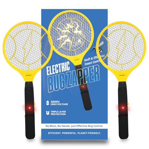 DEVOGUE® Electric Fly Swatter Pack of 2 Bug Zapper Battery Operated Flies Killer Indoor & Outdoor Pest Control Mosquito Zapper and Insect Catcher Racket (Black and Yellow)
