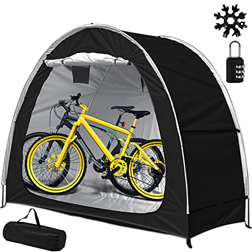 HHUK Bike Storage shed,Bicycle Tent,Bike Covers Waterproof Outdoor Large with Window and Floor,with 18-in-1 Snowflake Multi Tool and Combination Lock,for Stockpile 2 Bikes Or Tricycle Gardening Tools