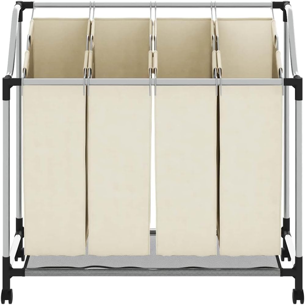 4-Bag Laundry Sorter Cart with Heavy Duty Steel Frame, Rolling Clothes Hamper Organizer with Wheels and Carrying Handles for Laundry Room, Cream
