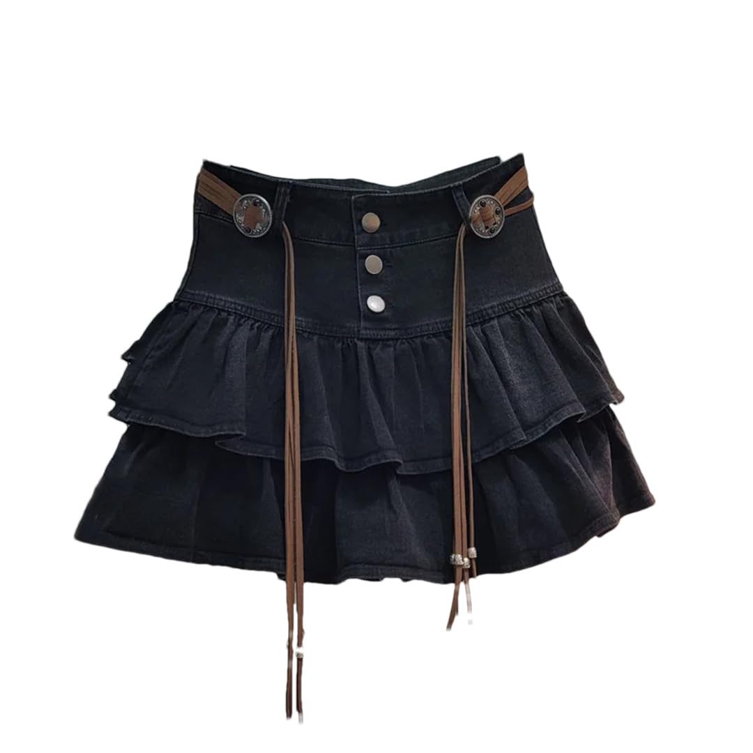 Gonna corta da donna skinny a vita alta a trapezio con volant mini gonna in denim tinta unita, Nero , L