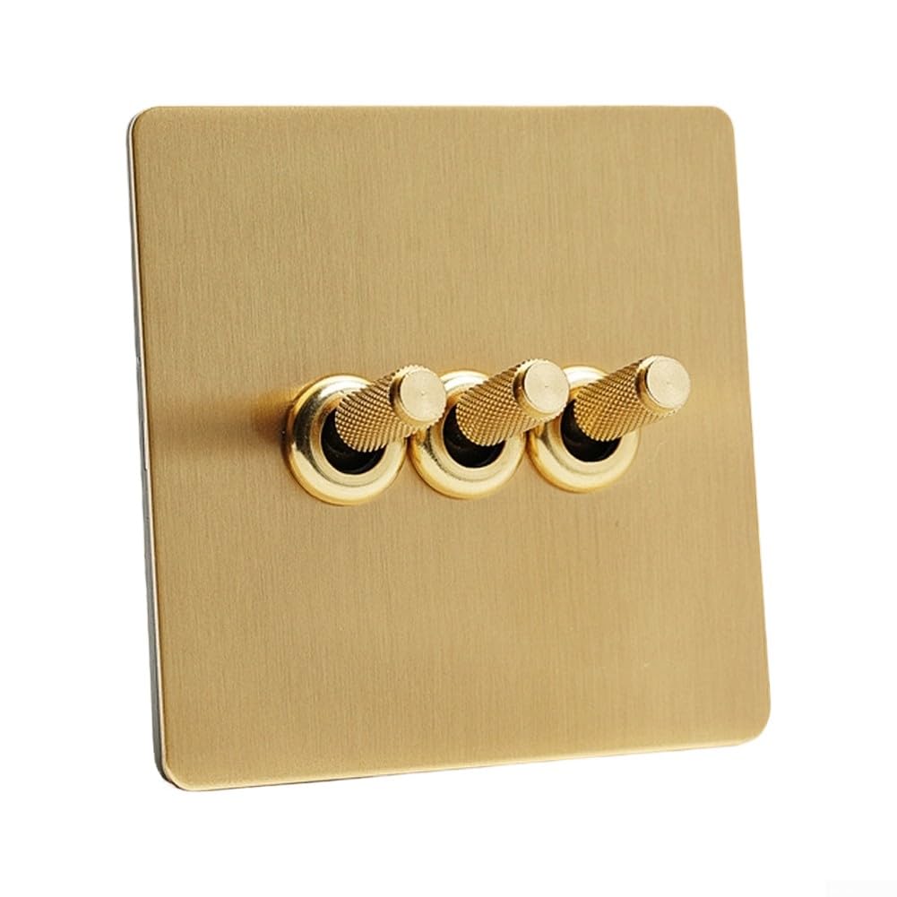 Matte Gold Stainless Steel Brushed Wall Light Switch, 86 Type Brass Toggle-Socket for Home Hotel Decor, Retro Industrial Design, Durables Electrical Panel(C)