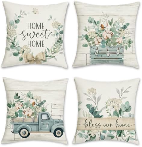 Bonhause Eucalyptus Leaves Cushion Covers 45 x 45 cm Blue Truck Home Sweet Home Farmhouse Decorative Throw Pillow Covers Polyester Linen Pillowcases for Home Garden Outdoor Decor Set of 4