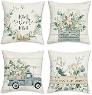 Bonhause Eucalyptus Leaves Cushion Covers 45 x 45 cm Blue Truck Home Sweet Home Farmhouse Decorative Throw Pillow Covers Polyester Linen Pillowcases for Home Garden Outdoor Decor Set of 4