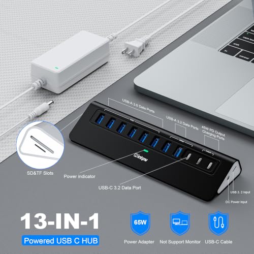 Image of Powered USB Hub 10Gbps, Intpw YH9AC Plus 13-Port USB 3.2 Hub(USB A /USB C 3.2+6 USB-A 3.0+2 PD 45W Fast Charging Ports+SD /TF Card Reader), 65W Power Adapter,Aluminum USB HUB for PC,Laptop,iPhone 17 /16