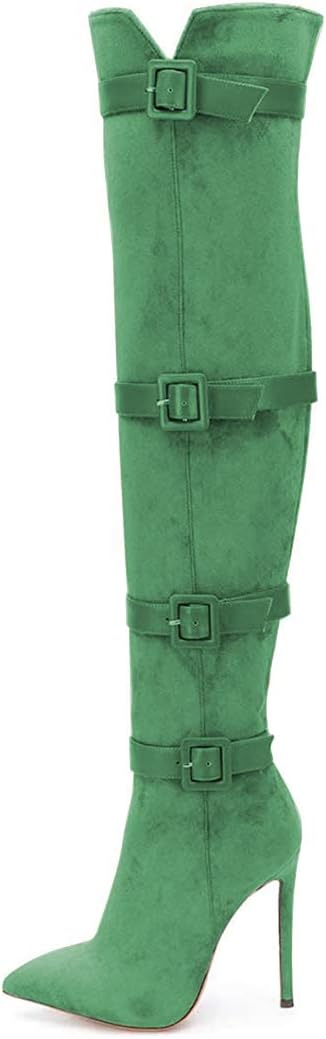 XYD Women Stiletto Heel Over The Knee Boots with Zip Pointed Toe Buckled Strappy Thigh High Sexy Night Club Shoes