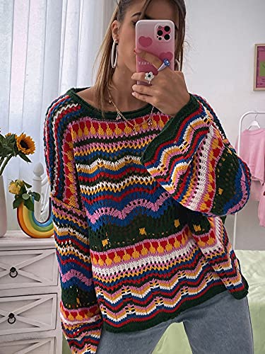 Cozyease Women'S Oversized Sweater Colorblock Long Sleeve Drop Shoulder Round Neck Pullover Sweater Tops Multicolor L thumb #2