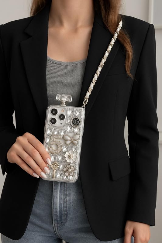 Image of COVERLY for iPhone 15 Cute 3D Diamond Perfume Bottle Phone Case,Full Protective Adorable Jewellery Rhinestone Luxury Crystal Glitter Bling with Crossbody Rope Sling Aesthetic Cover for Apple iPhone 15