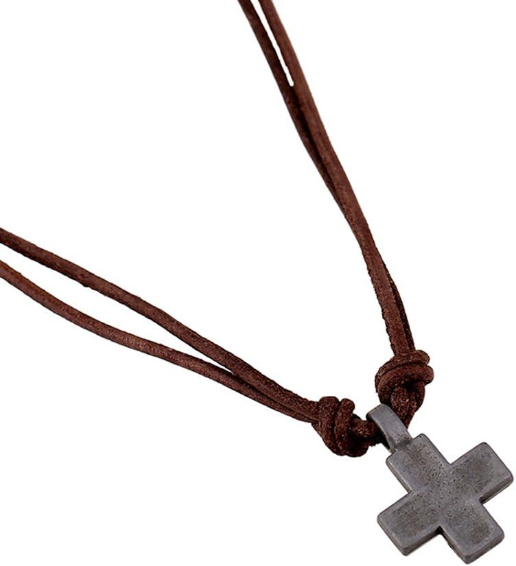 INBOMen's Metal Cross Pendant on Brown Double Strand Leather Cord Choker Long Necklace