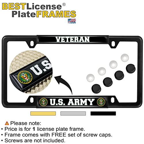 [Officially Licensed Product] - U.s. Army Veteran - Domed Custom-Made Personalized Narrow (Thin) Top 4 Hole Metal Car License Plate Frame With Free Caps - Black (Quantity: 1 Frame) #TOP1